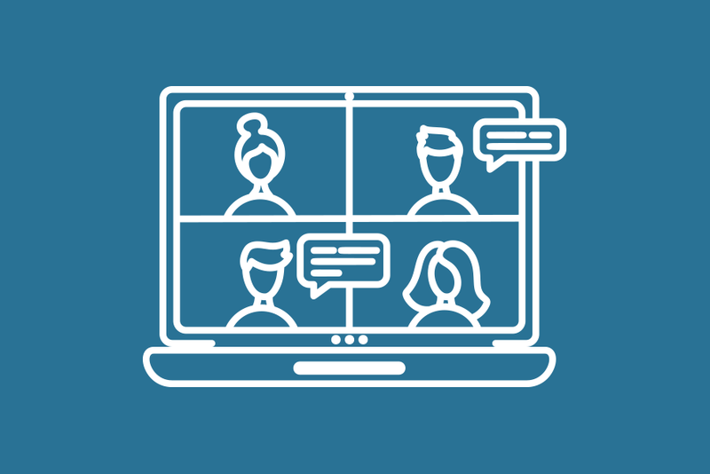 Icon für Online-Meeting: Laptopbildschirm, Figuren mit Sprechblasen